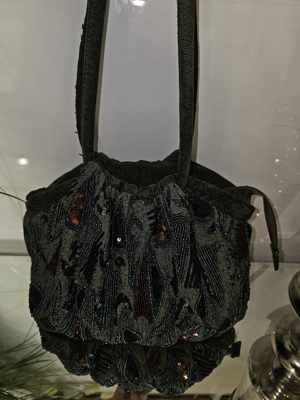 Cosmopolitan Green Beaded Drawstring Evening Bag